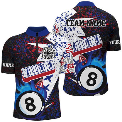 Billiard Polo Shirts, Personalized Grunge Blue 8 Ball Pool Fire Billiards Shirts Custom Unique Billiard Team Jerseys, Billiards Team Shirts