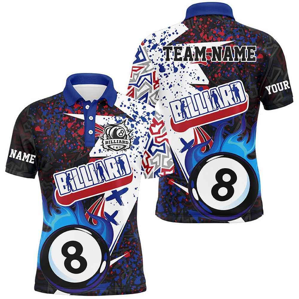 Billiard Polo Shirts, Personalized Grunge Blue 8 Ball Pool Fire Billiards Shirts Custom Unique Billiard Team Jerseys, Billiards Team Shirts