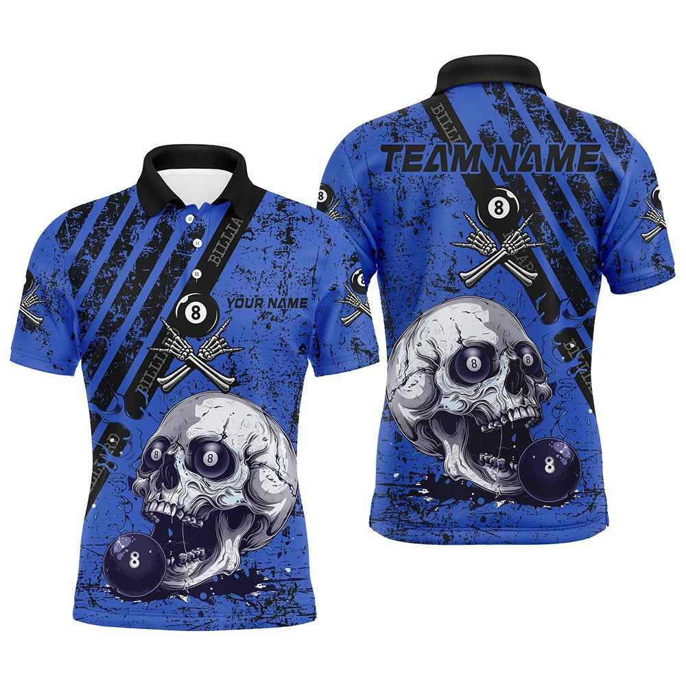 Billiard Polo Shirts, Personalized Grunge Blue Billiard Skull Custom Billiard Shirts, Billiard Pool Team Club Uniform, Billiards Team Shirts
