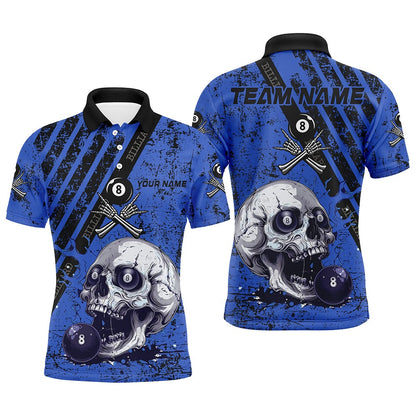 Billiard Polo Shirts, Personalized Grunge Blue Billiard Skull Custom Billiard Shirts, Billiard Pool Team Club Uniform, Billiards Team Shirts