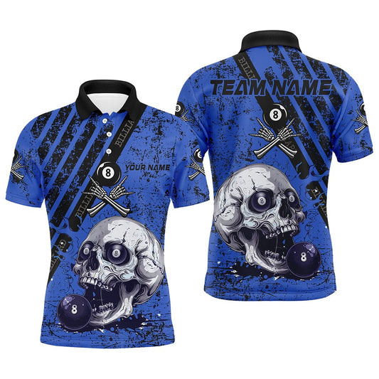 Billiard Polo Shirts, Personalized Grunge Blue Billiard Skull Custom Billiard Shirts, Billiard Pool Team Club Uniform, Billiards Team Shirts