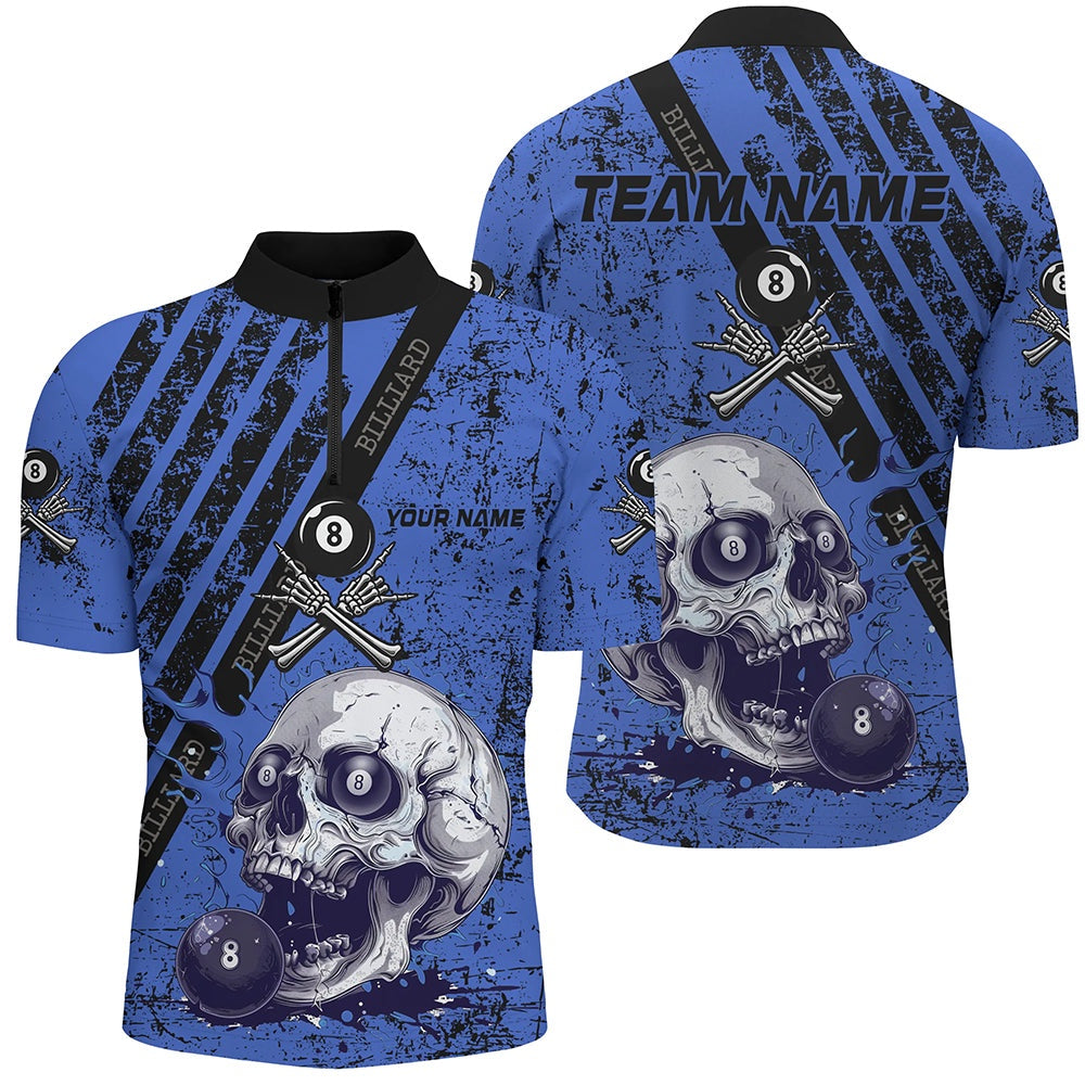 Billiard Polo Shirts, Personalized Grunge Blue Billiard Skull Custom Billiard Shirts, Billiard Pool Team Club Uniform, Billiards Team Shirts