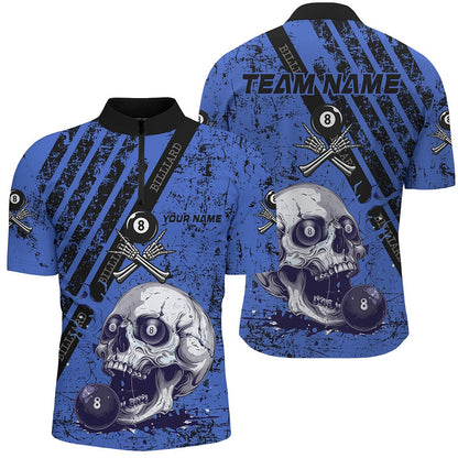 Billiard Polo Shirts, Personalized Grunge Blue Billiard Skull Custom Billiard Shirts, Billiard Pool Team Club Uniform, Billiards Team Shirts