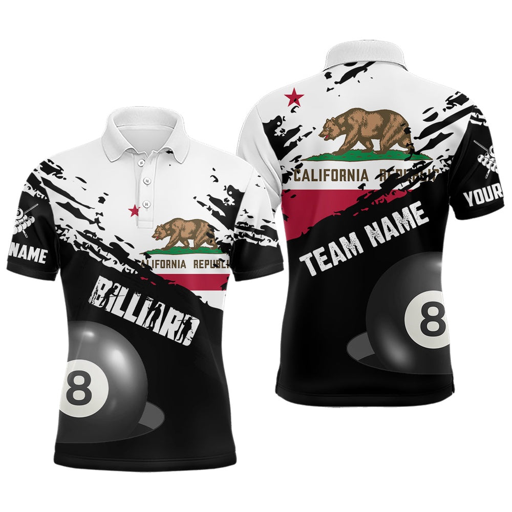 Billiard Polo Shirts, Personalized Grunge California Flag 8 Ball Billiard Shirts Custom Patriotic Billiard Jersey, Billiards Team Shirts