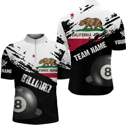 Billiard Polo Shirts, Personalized Grunge California Flag 8 Ball Billiard Shirts Custom Patriotic Billiard Jersey, Billiards Team Shirts