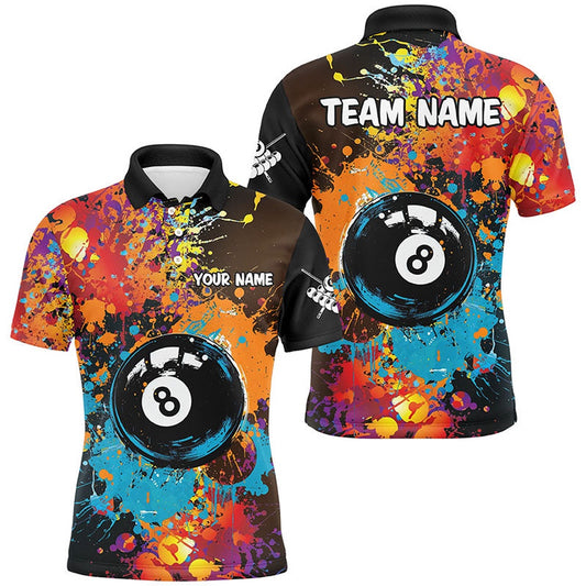 Billiard Polo Shirts, Personalized Grunge Colorful Paint 8 Ball Billiard Shirts, Unique 8 Ball Pool Team Shirts, Billiards Team Shirts