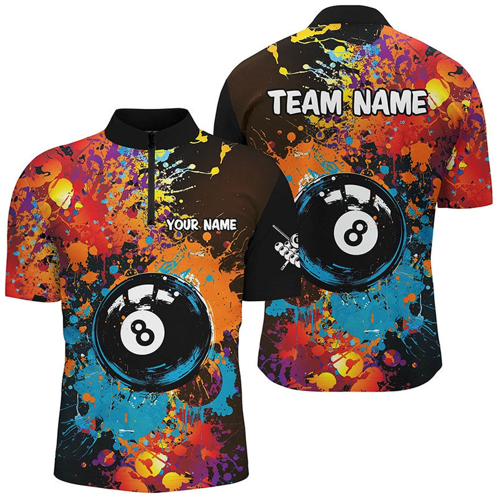 Billiard Polo Shirts, Personalized Grunge Colorful Paint 8 Ball Billiard Shirts, Unique 8 Ball Pool Team Shirts, Billiards Team Shirts