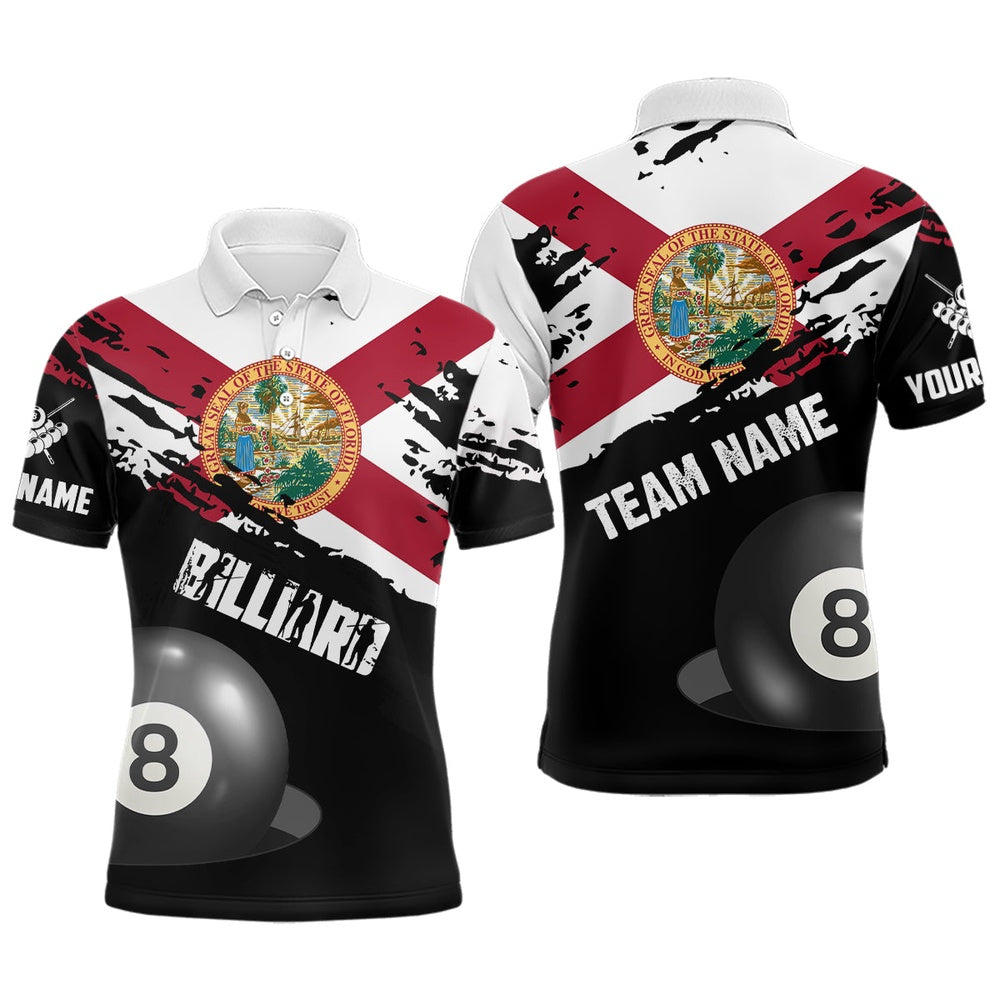 Billiard Polo Shirts, Personalized Grunge Florida Flag 8 Ball Billiard Shirts Custom Patriotic Billiard Jerseys, Billiards Team Shirts