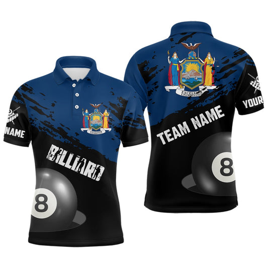 Billiard Polo Shirts, Personalized Grunge New York Flag 8 Ball Billiard Shirts Custom Patriotic Billiard Jerseys, Billiards Team Shirts