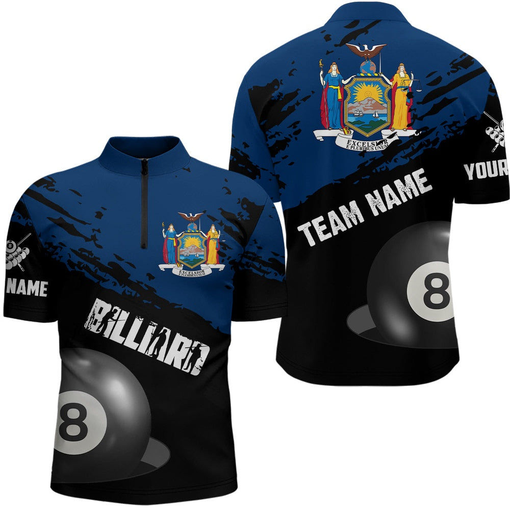 Billiard Polo Shirts, Personalized Grunge New York Flag 8 Ball Billiard Shirts Custom Patriotic Billiard Jerseys, Billiards Team Shirts