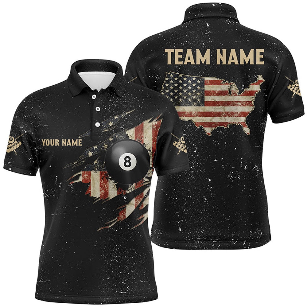 Billiard Polo Shirts, Personalized Grunge Retro Usa Flag Billiard Polo Shirts, Patriotic Billiard Jerseys Uniform, Billiards Team Shirts