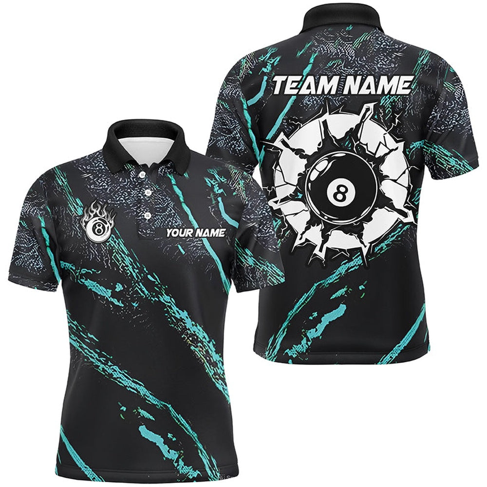 Billiard Polo Shirts, Personalized Grunge Turquoise 8 Ball Billiard Shirts Custom 8 Ball Pool Team Jerseys, Billiards Team Shirts