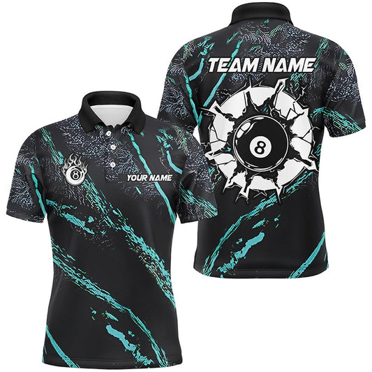 Billiard Polo Shirts, Personalized Grunge Turquoise 8 Ball Billiard Shirts Custom 8 Ball Pool Team Jerseys, Billiards Team Shirts