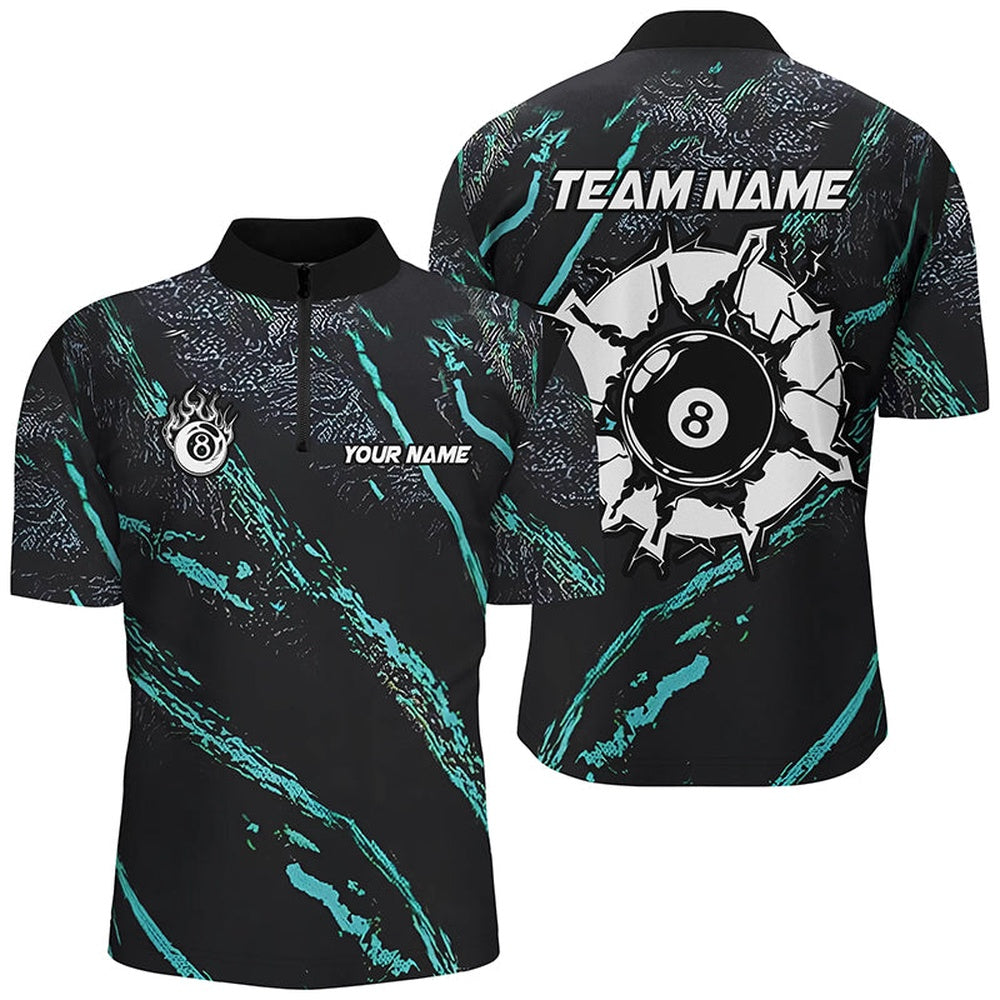 Billiard Polo Shirts, Personalized Grunge Turquoise 8 Ball Billiard Shirts Custom 8 Ball Pool Team Jerseys, Billiards Team Shirts