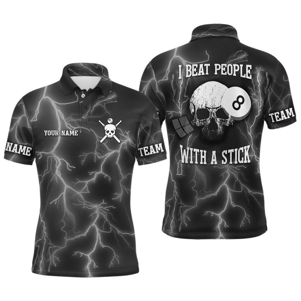 Billiard Polo Shirts, Personalized I Beat People With A Stick Billiard Polo Shirts, Thunder Skull Billiard Shirt, Billiards Team Shirts