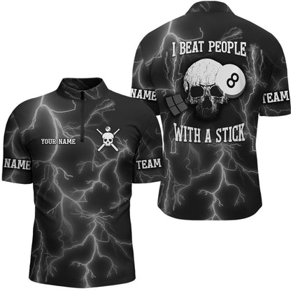 Billiard Polo Shirts, Personalized I Beat People With A Stick Billiard Polo Shirts, Thunder Skull Billiard Shirt, Billiards Team Shirts