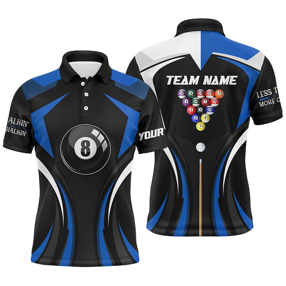 Billiard Polo Shirts, Personalized Less Talkin More Chalkin Billiard Balls Blue Polo Shirts, 8 Ball Pool Jerseys, Billiards Team Shirts