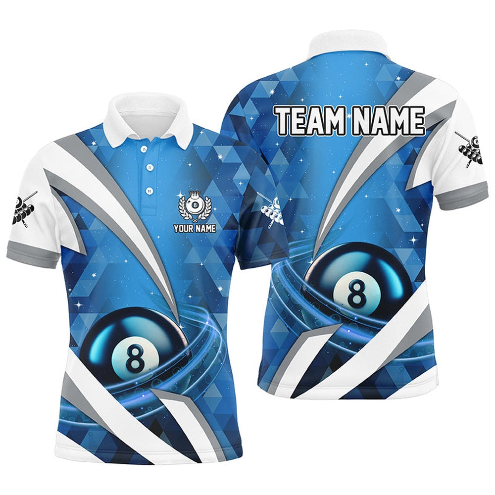 Billiard Polo Shirts, Personalized Lightning Blue 8 Ball Pool Polo Shirts Custom Billiard Team Jersey Attire, Billiards Team Shirts