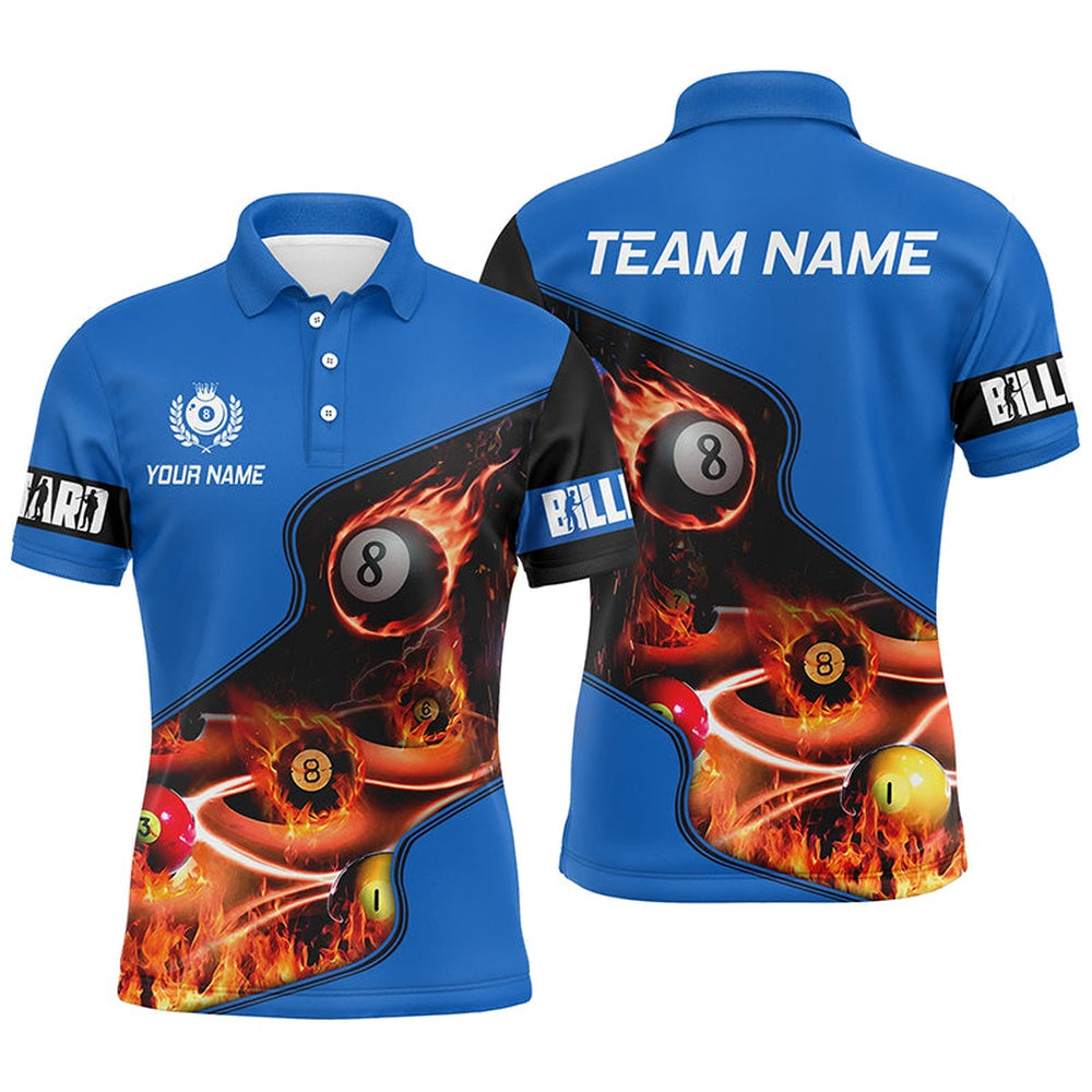 Billiard Polo Shirts, Personalized Master Billiard Balls Flame 3D Polo Shirts, Blue Billiard Jersey For Pool Player, Billiards Team Shirts