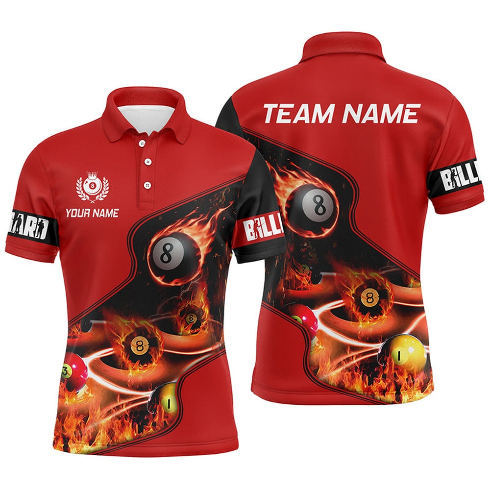 Billiard Polo Shirts, Personalized Master Billiard Balls Flame 3D Polo Shirts Custom Billiard Jersey Red Pool Player, Billiards Team Shirts