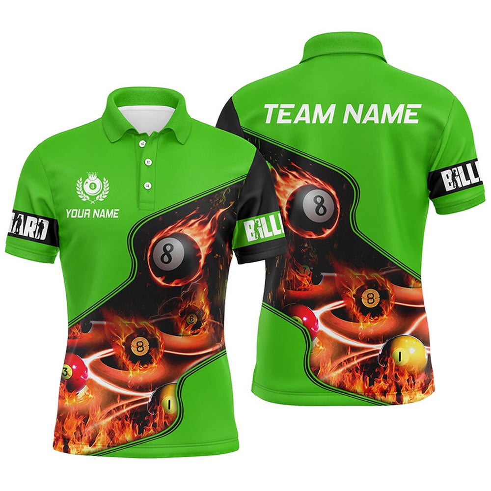 Billiard Polo Shirts, Personalized Master Billiard Balls Flame 3D Polo Shirts, Green Billiard Jersey For Pool Player, Billiards Team Shirts
