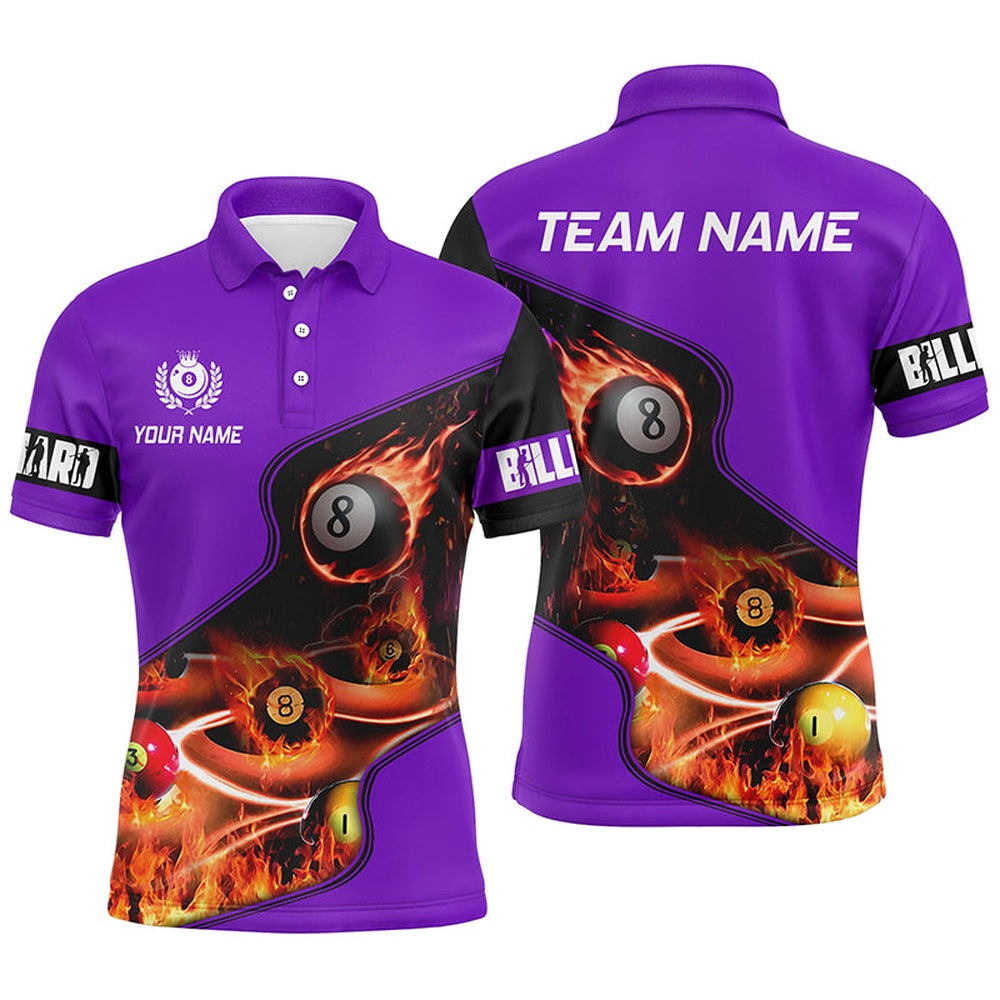 Billiard Polo Shirts, Personalized Master Billiard Balls Flame 3D Polo Shirts, Purple Billiard Jersey For Pool Player, Billiards Team Shirts