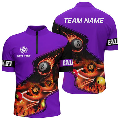 Billiard Polo Shirts, Personalized Master Billiard Balls Flame 3D Polo Shirts, Purple Billiard Jersey For Pool Player, Billiards Team Shirts