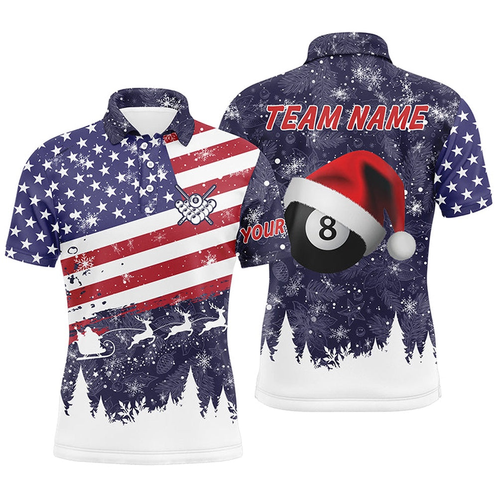 Billiard Polo Shirts, Personalized Merry Christmas American Flag Billiard Polo Shirts, Patriotic Christmas Shirts, Billiards Team Shirts