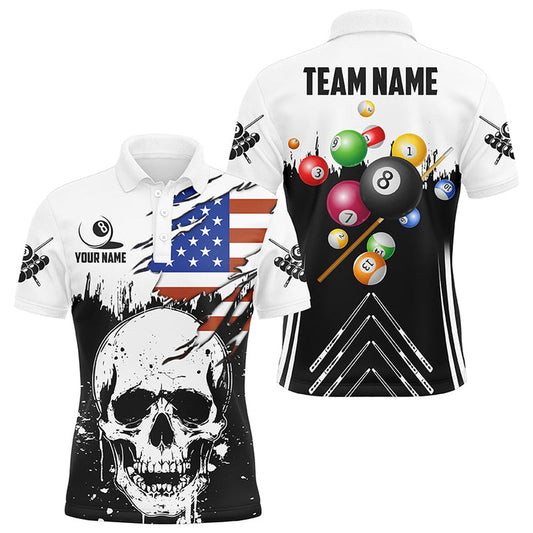 Billiard Polo Shirts, Personalized Multi-Color Billiard Grunge Skull Custom US Flag Patriotic Billiard Balls Shirts Jersey, Billiards Team Shirts