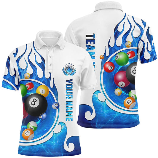 Billiard Polo Shirts, Personalized Name Billiard Fire Polo Shirts Custom Team Name Billiard Shirt Design Blue, Billiards Team Shirts