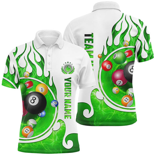 Billiard Polo Shirts, Personalized Name Billiard Fire Polo Shirts Custom Team Name Billiard Shirt Design Green, Billiards Team Shirts