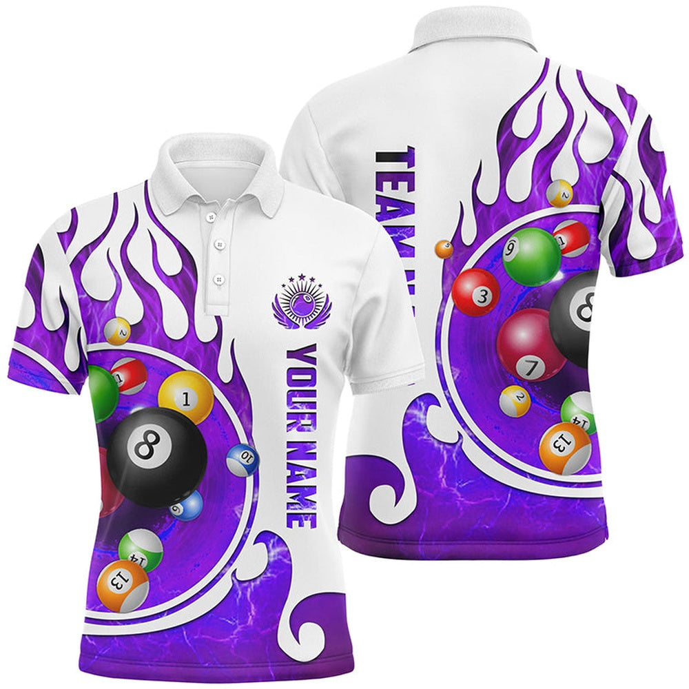 Billiard Polo Shirts, Personalized Name Billiard Fire Polo Shirts Custom Team Name Billiard Shirt Design Purple, Billiards Team Shirts