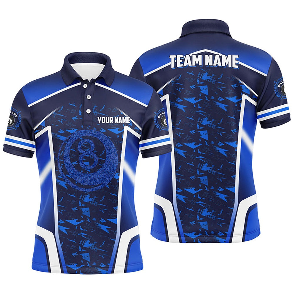 Billiard Polo Shirts, Personalized Name Blue 8 Ball Pool Abstract 3D Billiard Shirts Team League Billiard Jerseys, Billiards Team Shirts
