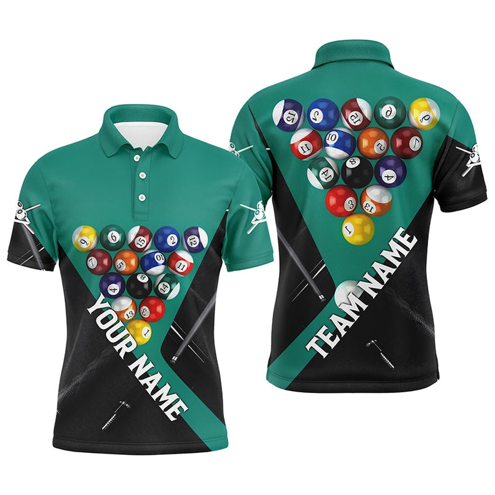 Billiard Polo Shirts, Personalized Name Green Billiard Balls 3D All Over Print Polo Shirts, Billiard Pool Team, Billiards Team Shirts
