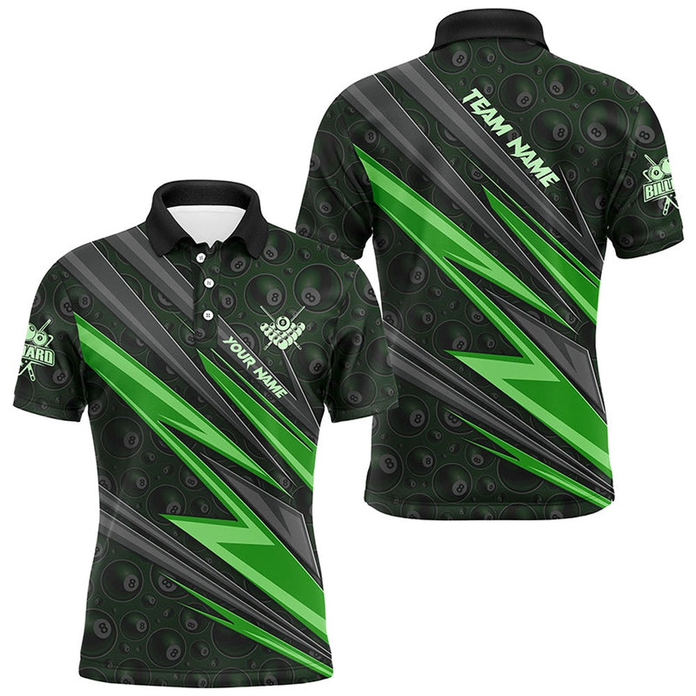 Billiard Polo Shirts, Personalized Name Green Billiard Jerseys Custom 8 Ball Billiard Shirts Pool Team Jerseys, Billiards Team Shirts