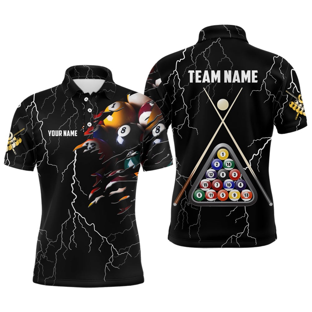 Billiard Polo Shirts, Personalized Name Thunder Billiard Ball 3D Polo Shirts, Custom Billiard Pool Balls Jerseys, Billiards Team Shirts