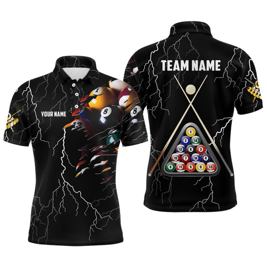 Billiard Polo Shirts, Personalized Name Thunder Billiard Ball 3D Polo Shirts, Custom Billiard Pool Balls Jerseys, Billiards Team Shirts