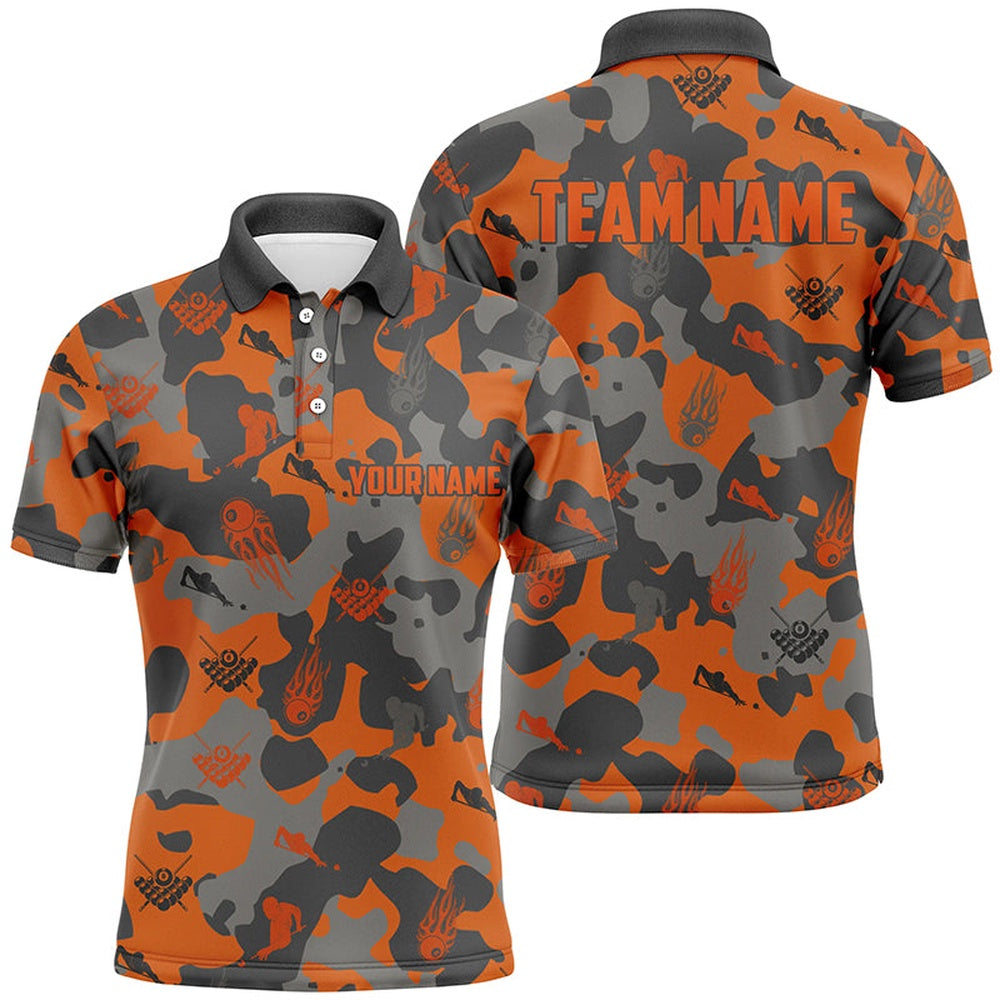 Billiard Polo Shirts, Personalized Orange Camouflage Billiard Polo Shirts Best Custom Billiard Team Outfit, Billiards Team Shirts