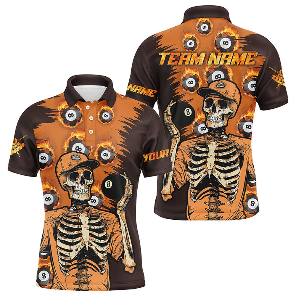 Billiard Polo Shirts, Personalized Orange Funny Skeleton With 8 Ball Pool Billiard Shirts, 8 Ball Fire Pool Jerseys, Billiards Team Shirts