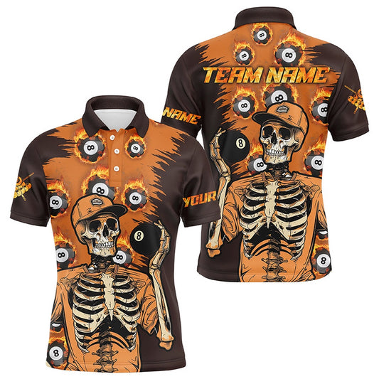 Billiard Polo Shirts, Personalized Orange Funny Skeleton With 8 Ball Pool Billiard Shirts, 8 Ball Fire Pool Jerseys, Billiards Team Shirts