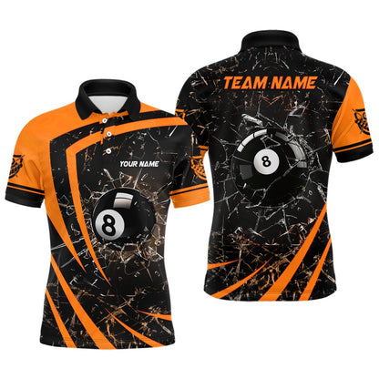 Billiard Polo Shirts, Personalized Orange Glass Break 8 Ball Billiard 3D Polo Shirts, Billiards Team Shirts