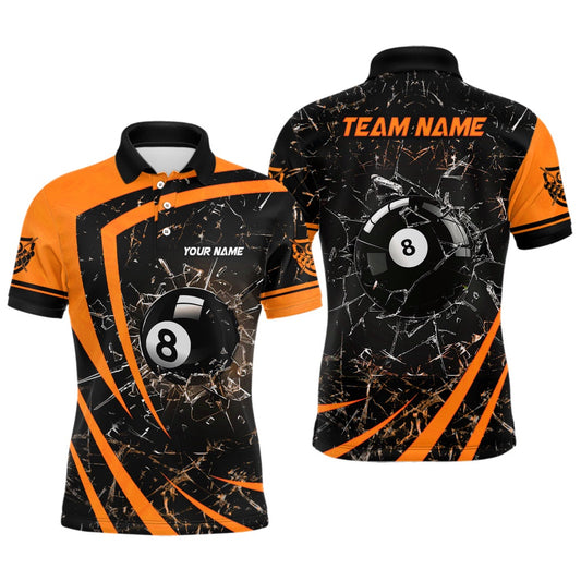 Billiard Polo Shirts, Personalized Orange Glass Break 8 Ball Billiard 3D Polo Shirts, Billiards Team Shirts