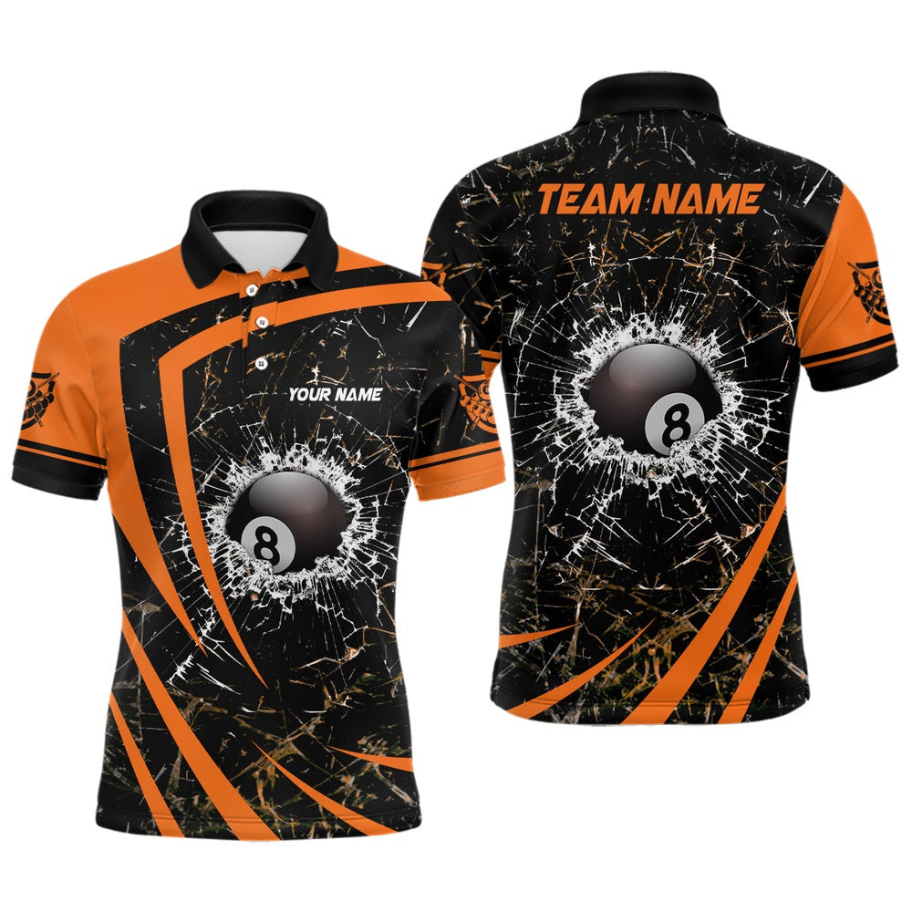 Billiard Polo Shirts, Personalized Orange Glass Break 8 Ball Billiard 3D Polo Shirts, Custom 8 Ball Pool Jerseys, Billiards Team Shirts