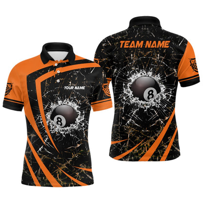Billiard Polo Shirts, Personalized Orange Glass Break 8 Ball Billiard 3D Polo Shirts, Custom 8 Ball Pool Jerseys, Billiards Team Shirts