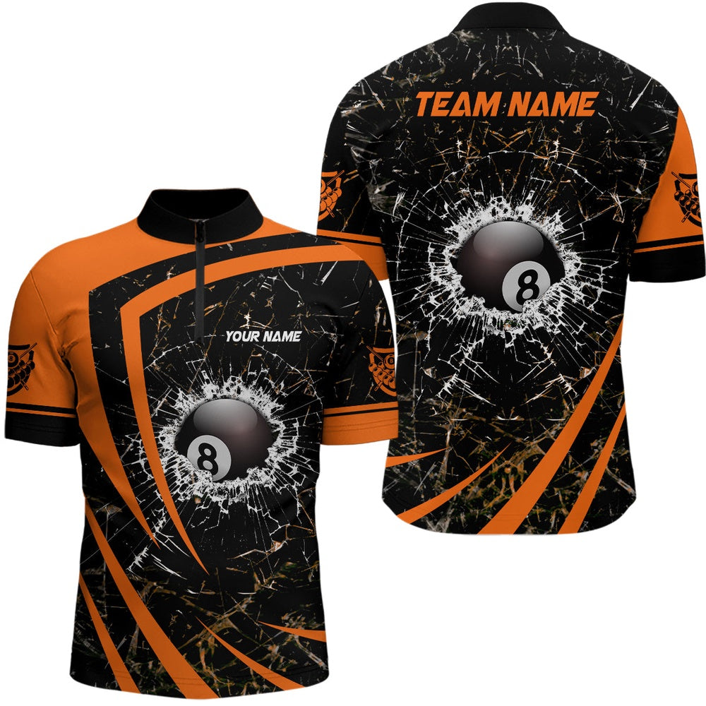 Billiard Polo Shirts, Personalized Orange Glass Break 8 Ball Billiard 3D Polo Shirts, Custom 8 Ball Pool Jerseys, Billiards Team Shirts