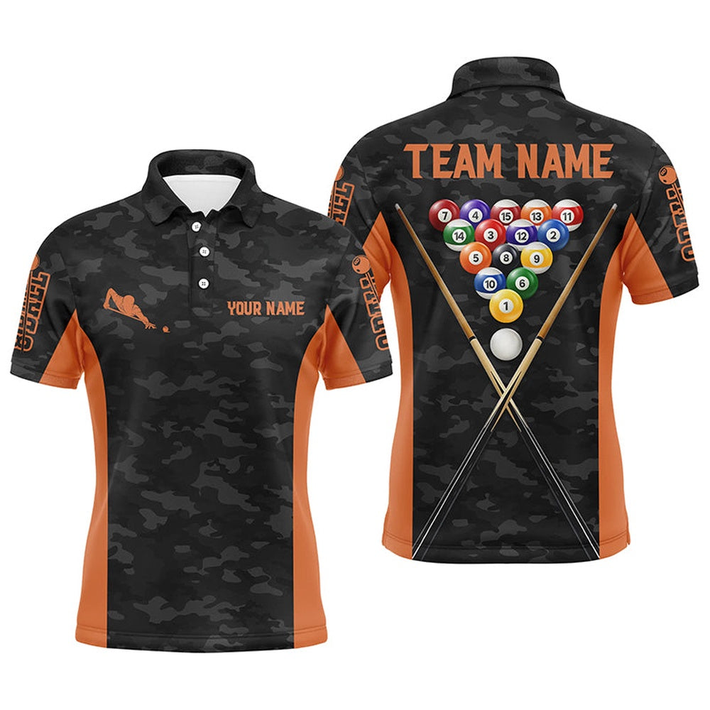 Billiard Polo Shirts, Personalized Orange Grey Camouflage 8 Ball Billiard 3D Polo Shirts, Custom Billiards Jerseys, Billiards Team Shirts