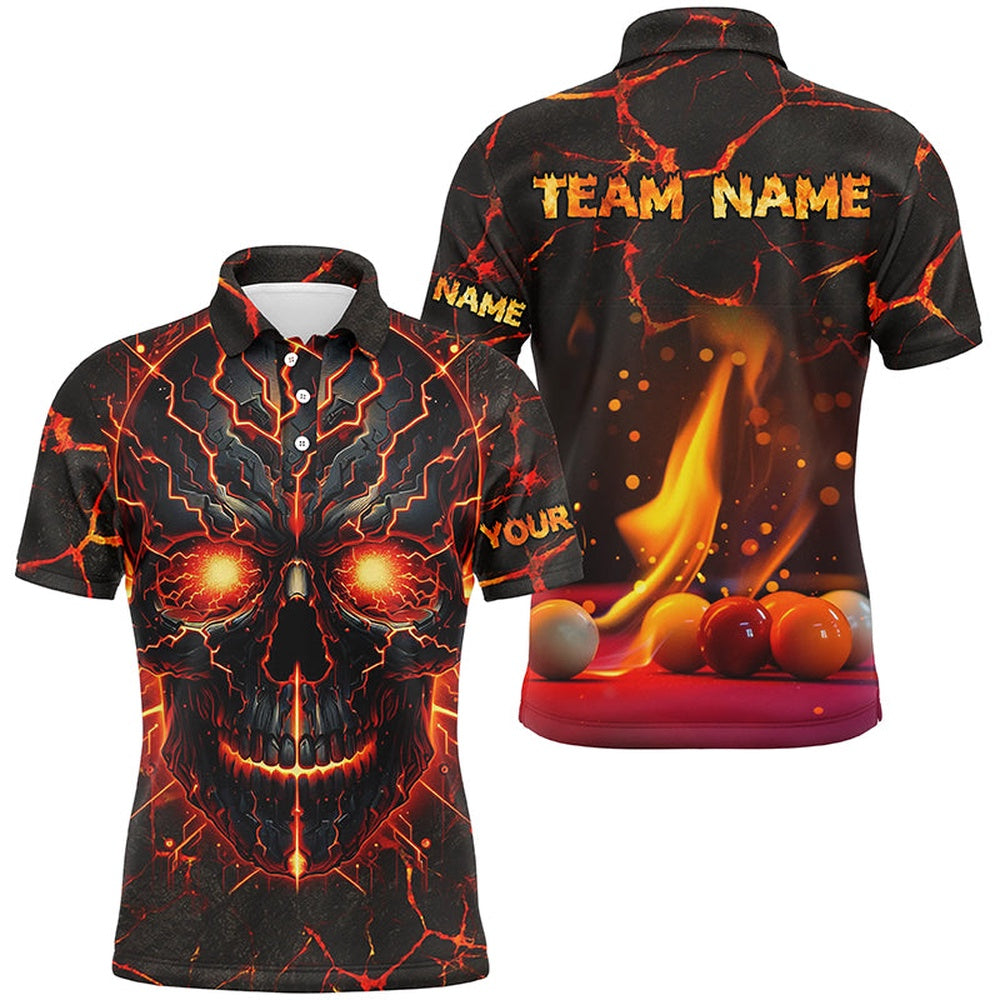 Billiard Polo Shirts, Personalized Orange Skull Billiard Shirts Custom Fire Billiard Balls Team Jerseys Attire, Billiards Team Shirts