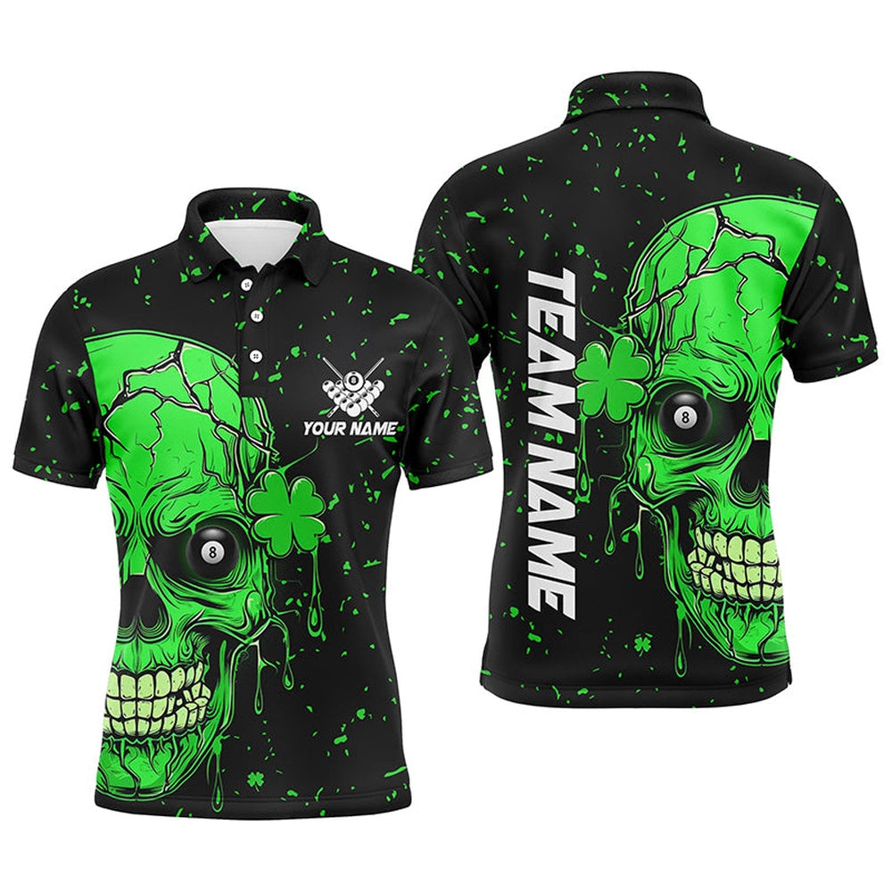 Billiard Polo Shirts, Personalized Patrick 3D Green Skull Luckiest Billiard Polo Shirts, Patrick Day Billiard Jerseys, Billiards Team Shirts