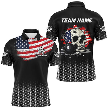 Billiard Polo Shirts, Personalized Patriotic Skull 8 Ball Billiard Shirts Custom American Flag Billiard Jerseys, Billiards Team Shirts