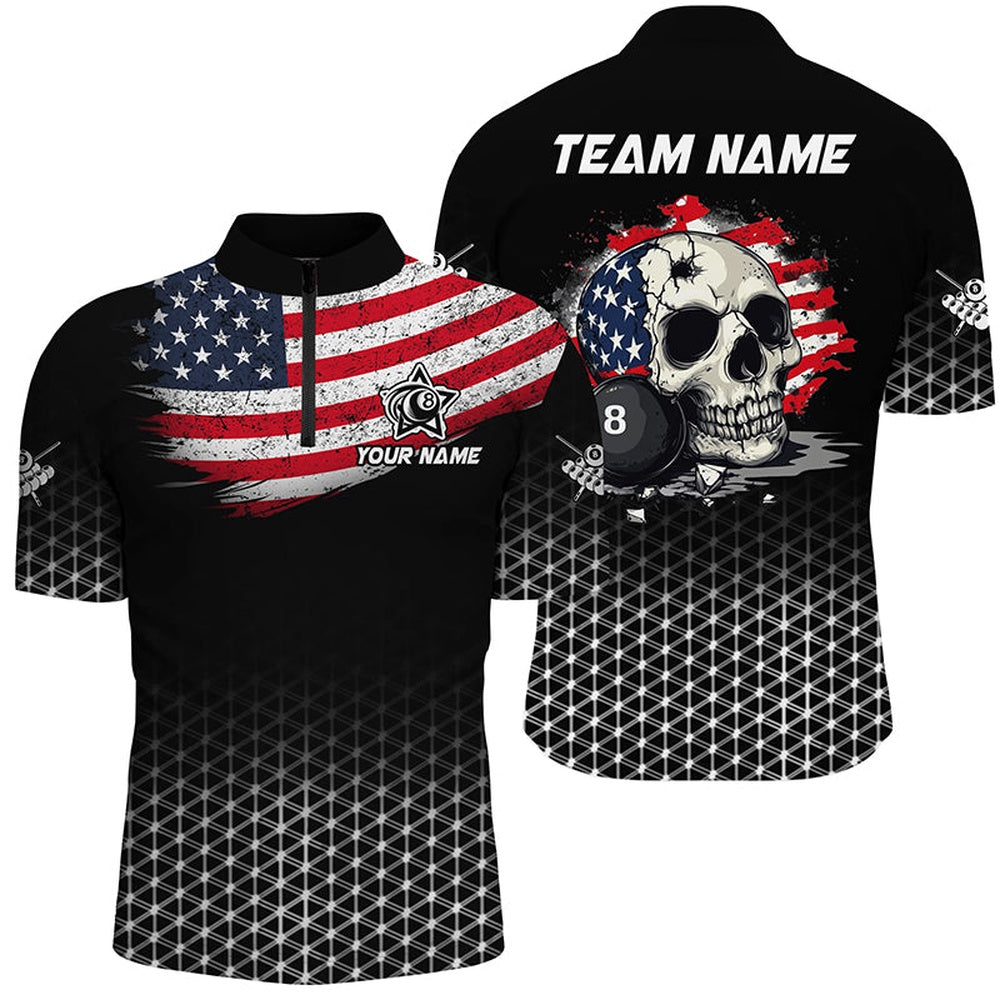Billiard Polo Shirts, Personalized Patriotic Skull 8 Ball Billiard Shirts Custom American Flag Billiard Jerseys, Billiards Team Shirts
